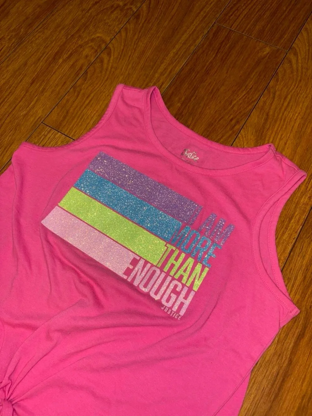 Pink Justice tank top with sparkle graphic design